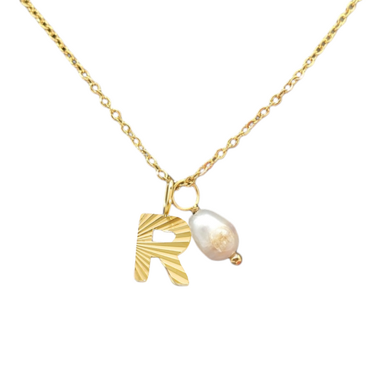Gold initial and pearl necklace set
