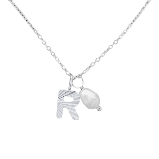 Silver initial and pearl necklace set