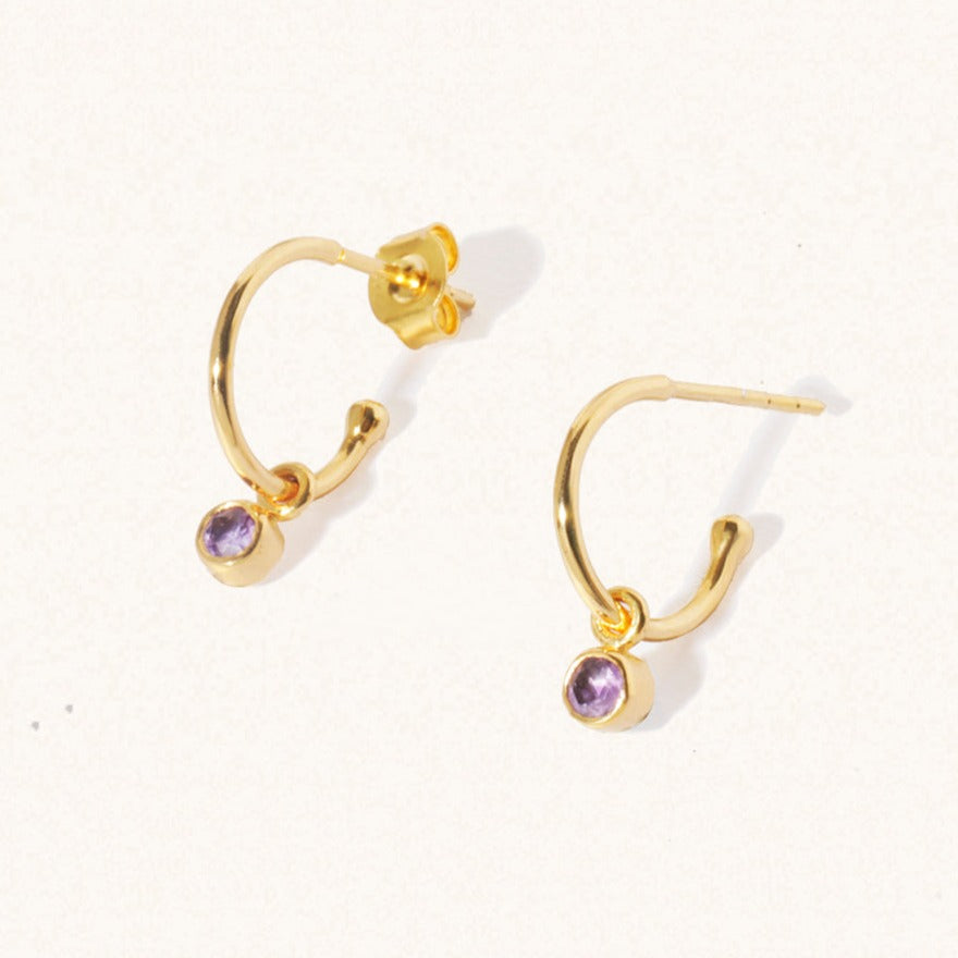 February Gold birthstone gemstone hoop earrings Brazilian Amethyst
