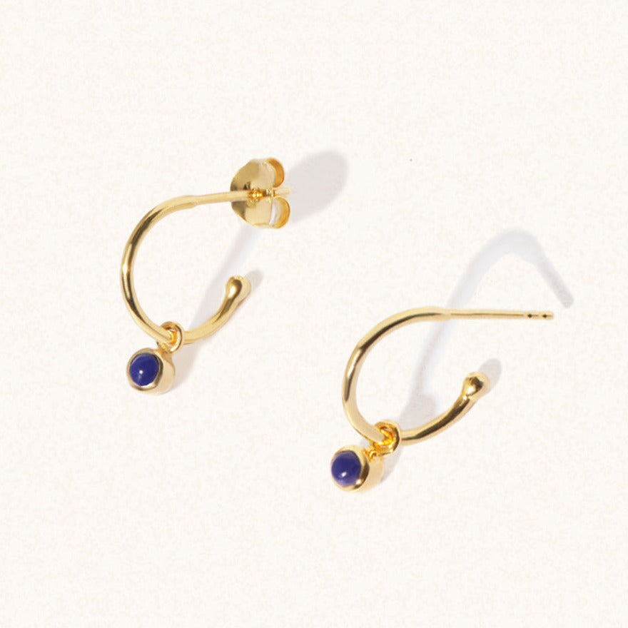 September Gold birthstone gemstone hoop earrings Lapis Lazuli