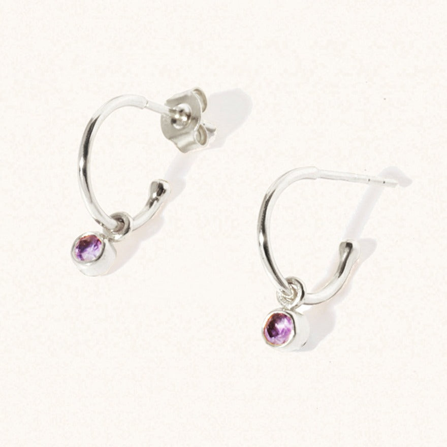 February Silver birthstone gemstone hoop earrings Brazilian Amethyst