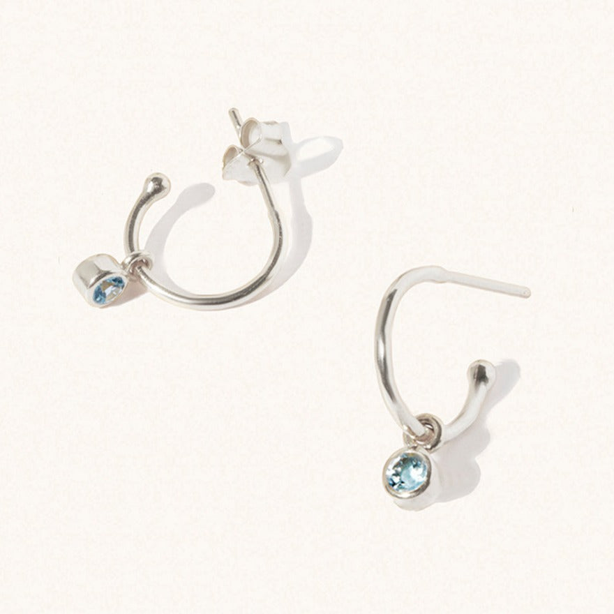 March Silver birthstone gemstone hoop earrings Blue Topaz