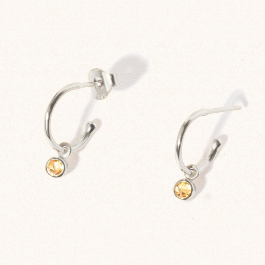 November Silver birthstone gemstone hoop earrings Citrine