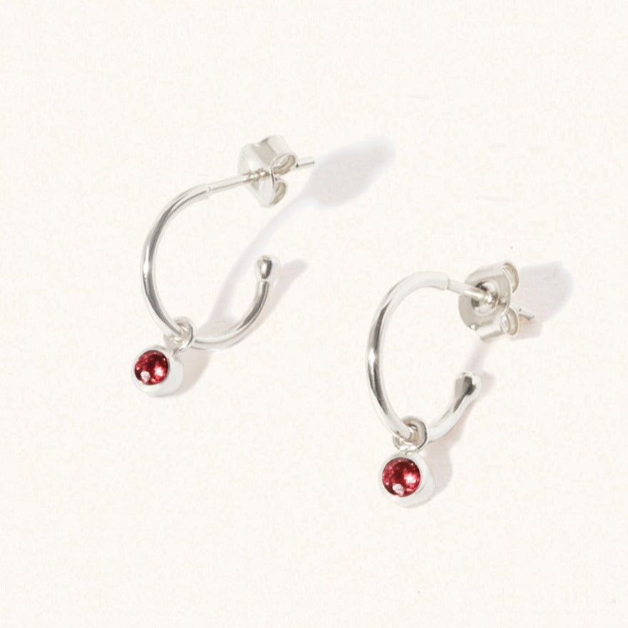 January Silver birthstone gemstone hoop earrings Garnet