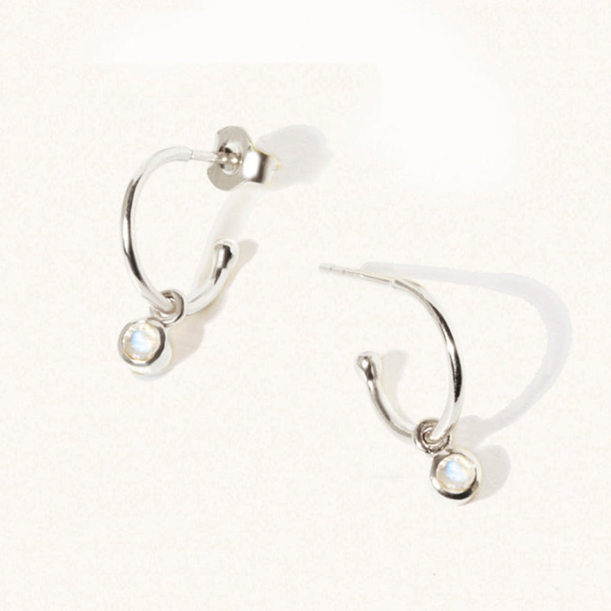 October Silver birthstone gemstone hoop earrings Moonstone