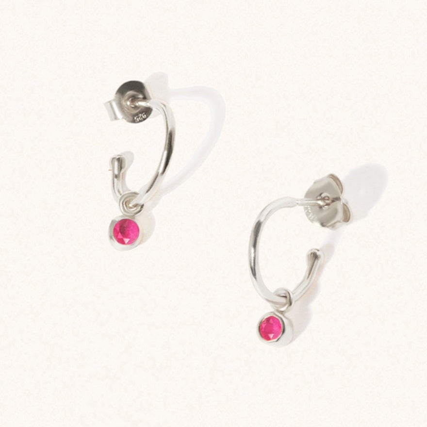 July Silver birthstone gemstone hoop earrings Ruby Quartz