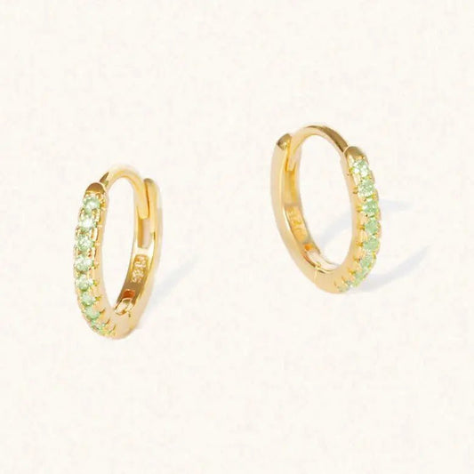 August Gold birthstone gemstone huggie hoop earrings Peridot - M. Elizabeth Jewellery