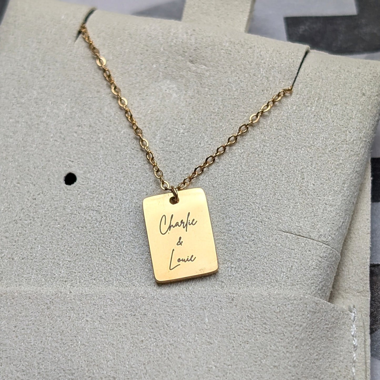 Custom engraved tiny tag necklace - M. Elizabeth Jewellery