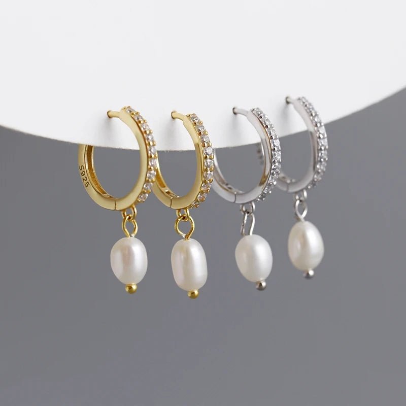 Gold crystal and pearl huggie hoop earrings - M. Elizabeth Jewellery