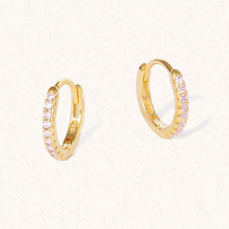 October 18k Gold Vermeil Birthstone Gemstone Huggie Hoop Earrings Pink Tourmaline - M. Elizabeth