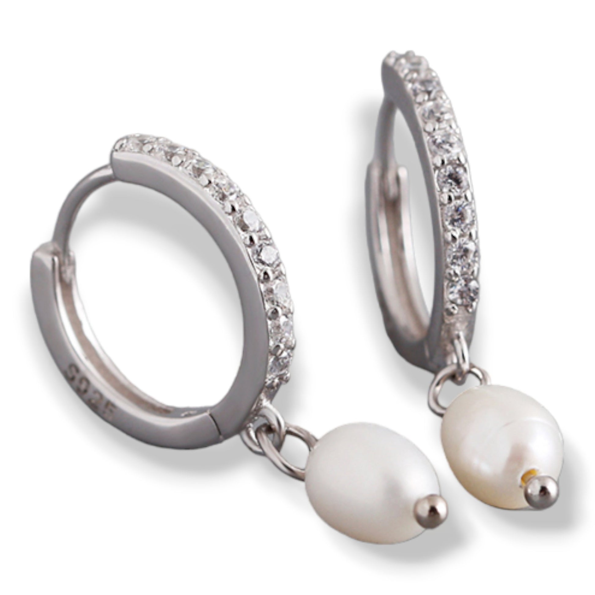 Sterling silver crystal and pearl huggie hoop earrings - M. Elizabeth